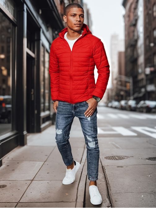 Prošívaná červená přechodná bunda s kapucí