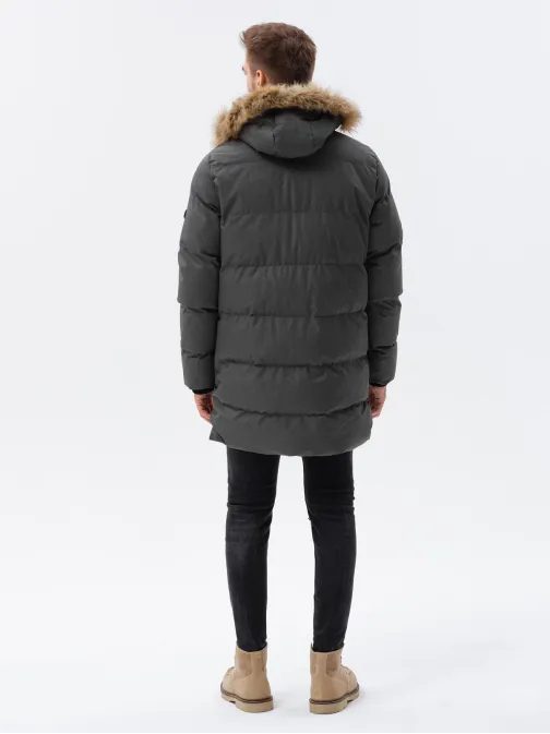 Tmavě šedá prošívaná dlouhá bunda C547