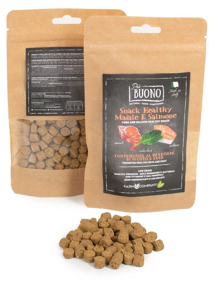 Farm Company PIU BUONO pamlsky pro psy s vepřovým a lososem 90g EXP 11/2025 SLEVA 20%