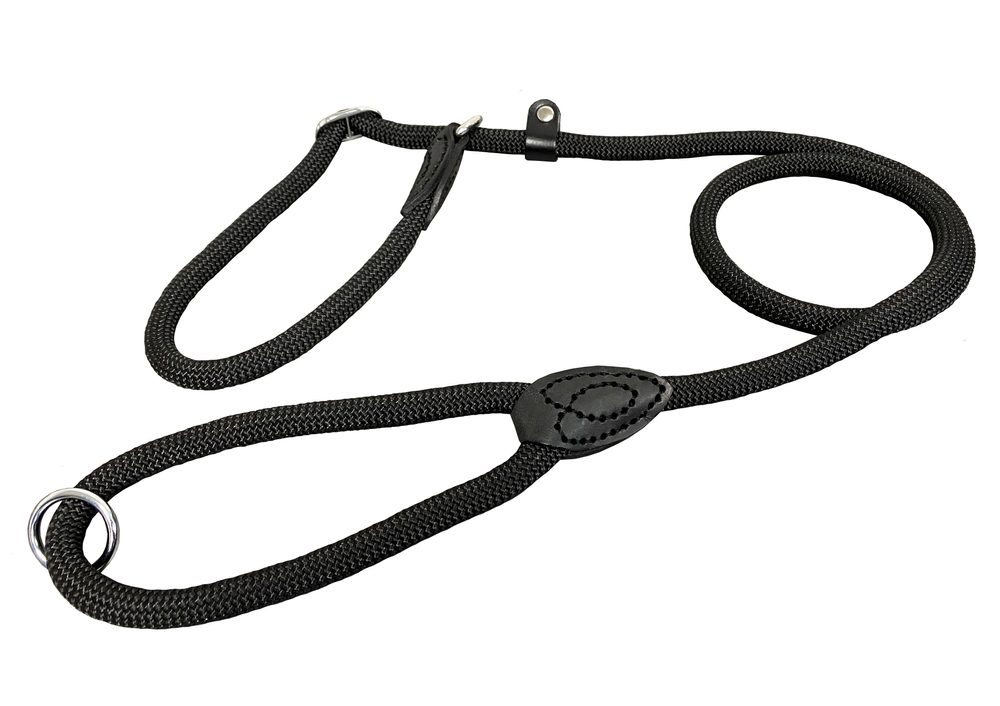 BAFPET Vodítko předváděcí JEDNOBAREVNÉ lano, šité kůží - Černá