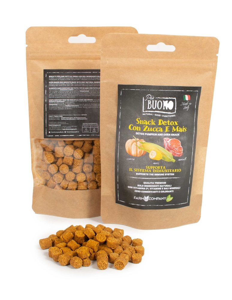 Farm Company PIU BUONO pamlsky pro psy s vepřovým, kukuřicí a dýní 80g EXP 11/2025 SLEVA 20%