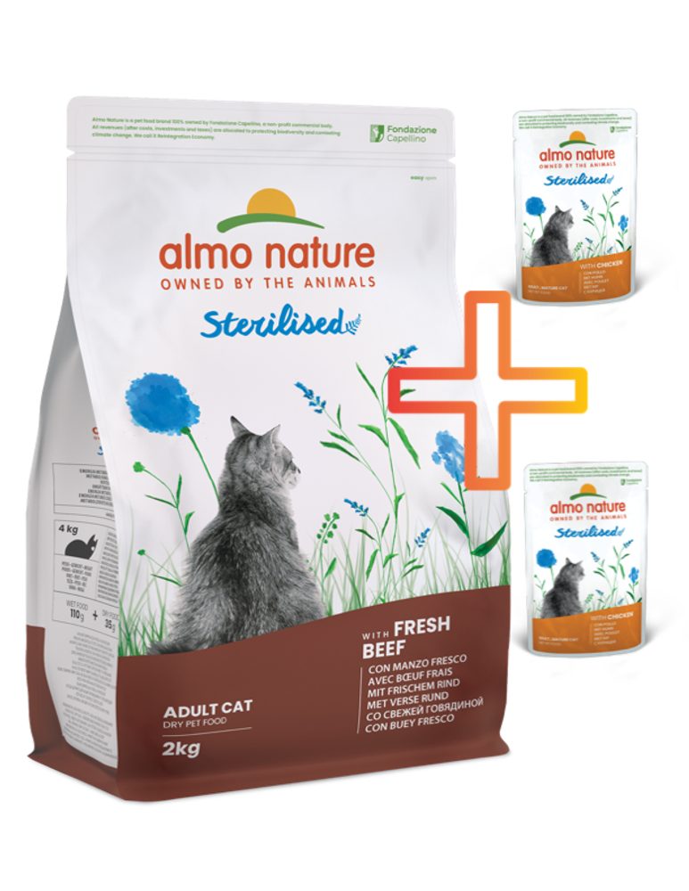 Almo Nature Holistic Sterilised - Hovězí a rýže 2kg + 2 kapsičky ZDARMA