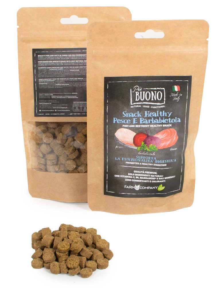 Farm Company PIU BUONO pamlsky pro psy s rybou a řepou 90g EXP 10/2025 SLEVA 30%