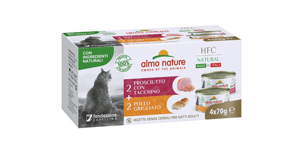 Almo Nature HFC Made In Italy multipack grilované kuře/šunka s krůtou 4x70g exp 02/2024 SLEVA 50%