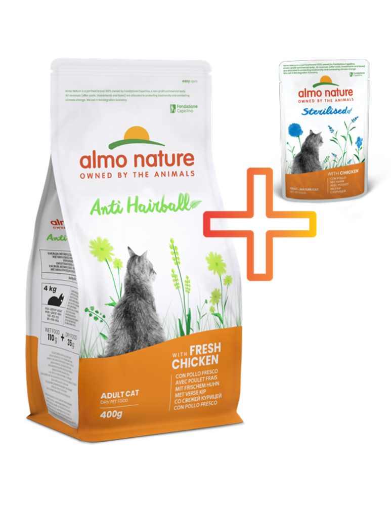 Almo Nature Functional Dry - Anti-Hairball Kuře a rýže 400g + 1 kapsička ZDARMA