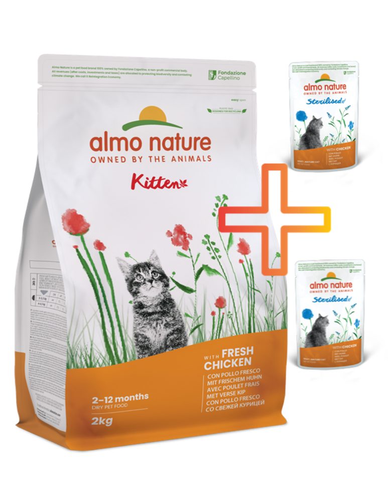 Almo Nature Holistic Kitten -  Koťata Kuře a rýže 2kg + 2 kapsičky ZDARMA