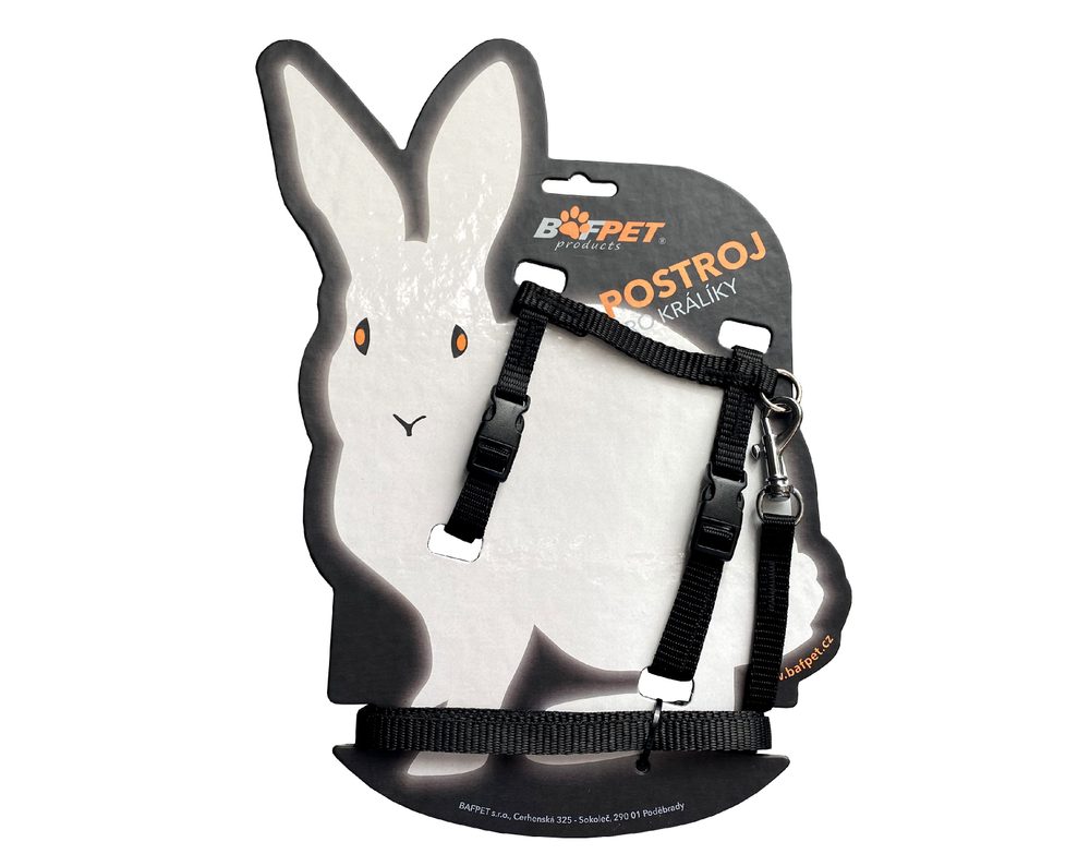 BAFPET Set postroj + vodítko pro králíky - Černá - 10mm x 120cm, 10mm x OK 19-26, OH 24-37cm