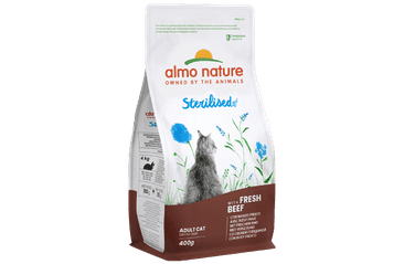 ALMO NATURE STERILISED - PRO KASTROVANÉ KOČKY S ČERSTVÝM HOVĚZÍM 400G + TRESČÍ KAPSIČKA ZDARMA