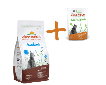 ALMO NATURE STERILISED - PRO KASTROVANÉ KOČKY S ČERSTVÝM HOVĚZÍM 400G + KUŘECÍ KAPSIČKA ZDARMA