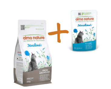 ALMO NATURE STERILISED -  PRO KASTROVANÉ KOČKY S ANČOVIČKAMI 400G + TRESČÍ KAPSIČKA ZDARMA