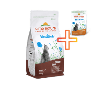 ALMO NATURE STERILISED - PRO KASTROVANÉ KOČKY S ČERSTVÝM HOVĚZÍM 400G + 1 KAPSIČKA ZDARMA