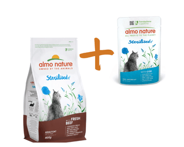 ALMO NATURE STERILISED - PRO KASTROVANÉ KOČKY S ČERSTVÝM HOVĚZÍM 400G + TRESČÍ KAPSIČKA ZDARMA