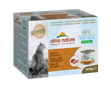 ALMO NATURE HFC NATURAL LIGHT MEAL CAT MEGAPACK KUŘECÍ A TUŇÁK 4X50G EXP 03/2024 SLEVA 30%