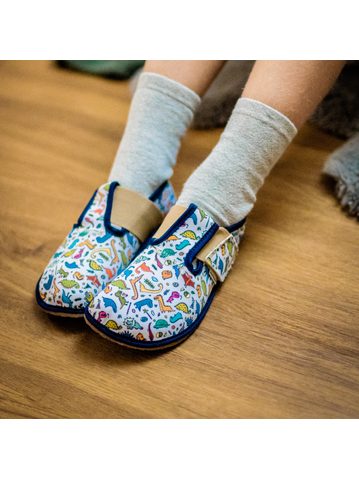 PEGRES PAPUČKY BF01 Textilní DINOSAURUS Modrá | Dětské barefoot přezůvky