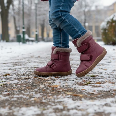 FRODDO KOTNÍKOVÉ ZIMNÍ FURRY BOOT Bordeaux | Dětské zimní zateplené barefoot boty
