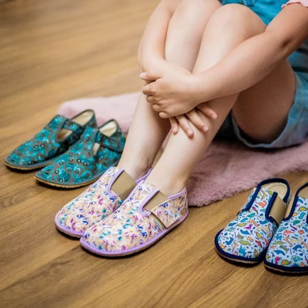 PEGRES PAPUČKY BF01 Textilní JEDNOROŽEC Fialová | Dětské barefoot přezůvky