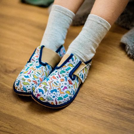 PEGRES PAPUČKY BF01 Textilní DINOSAURUS Modrá | Dětské barefoot přezůvky