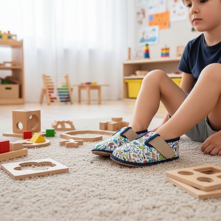 PEGRES PAPUČKY BF01 Textilní DINOSAURUS Modrá | Dětské barefoot přezůvky