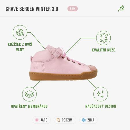 CRAVE BERGEN WINTER 3.0 Pink | Children's winter insulated barefoot shoes