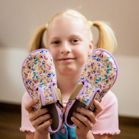 PEGRES PAPUČKY BF01 Textilní JEDNOROŽEC Fialová | Dětské barefoot přezůvky