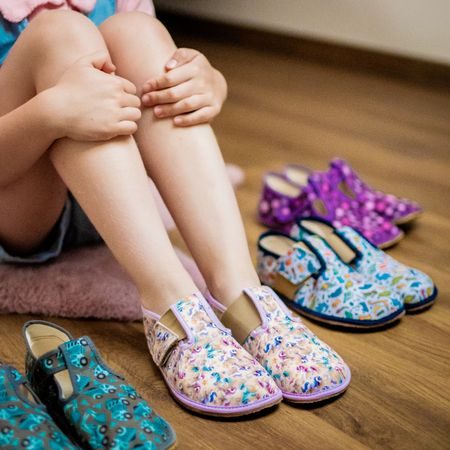 PEGRES PAPUČKY BF01 Textilní JEDNOROŽEC Fialová | Dětské barefoot přezůvky
