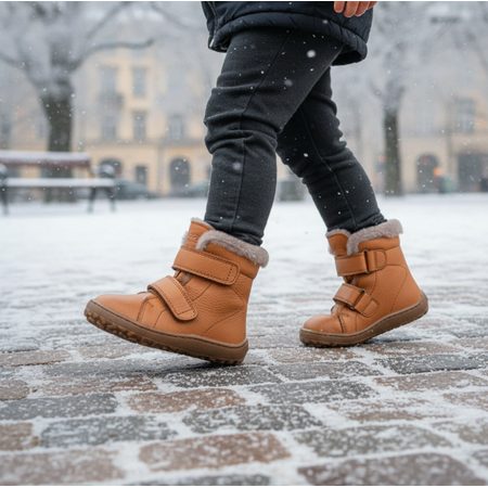 FRODDO KOTNÍKOVÉ ZIMNÍ FURRY BOOT Cognac | Dětské zimní zateplené barefoot boty