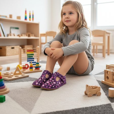 BEDA PAPUČE BF 060010/W VIOLET Flower - Široké | Dětské barefoot přezůvky