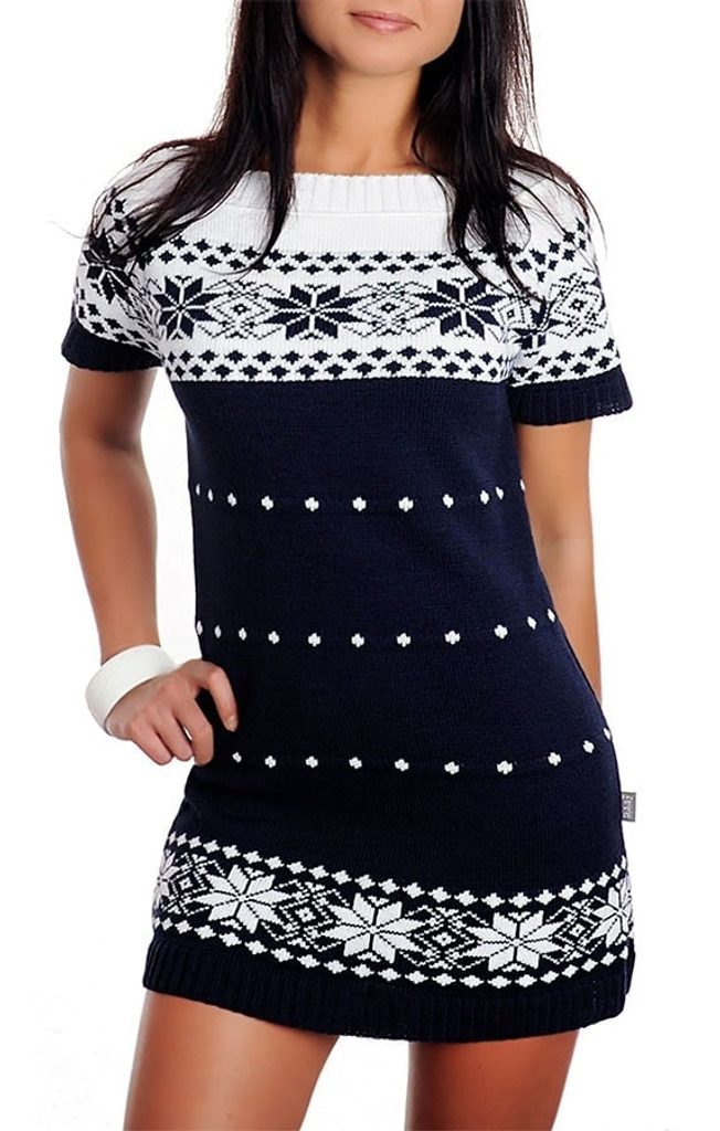 Dámské pletené šaty s norským vzorem - dark blue - UNI (S-L)