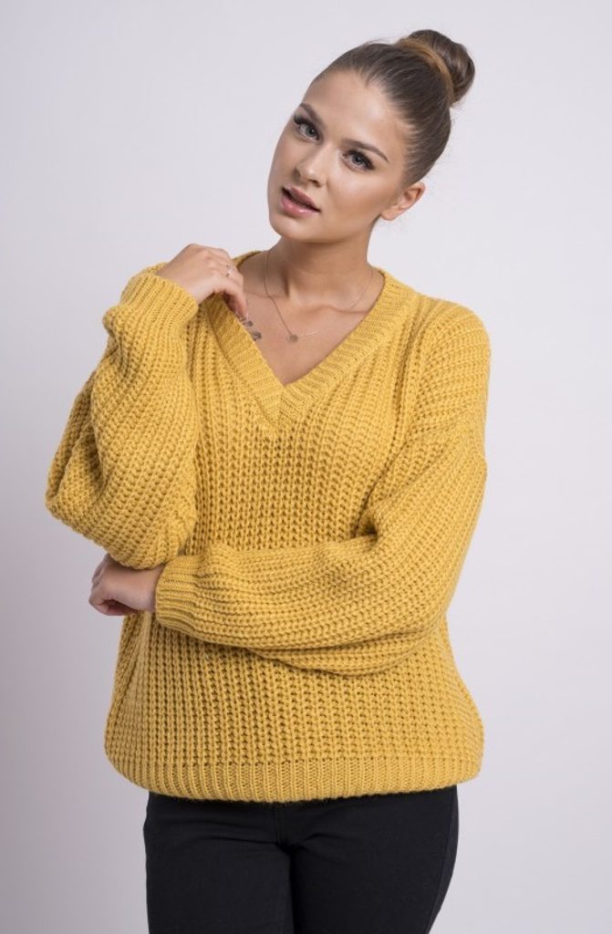 Dámský pletený svetr s výstřihem do V - Mustard - UNI (S-L)