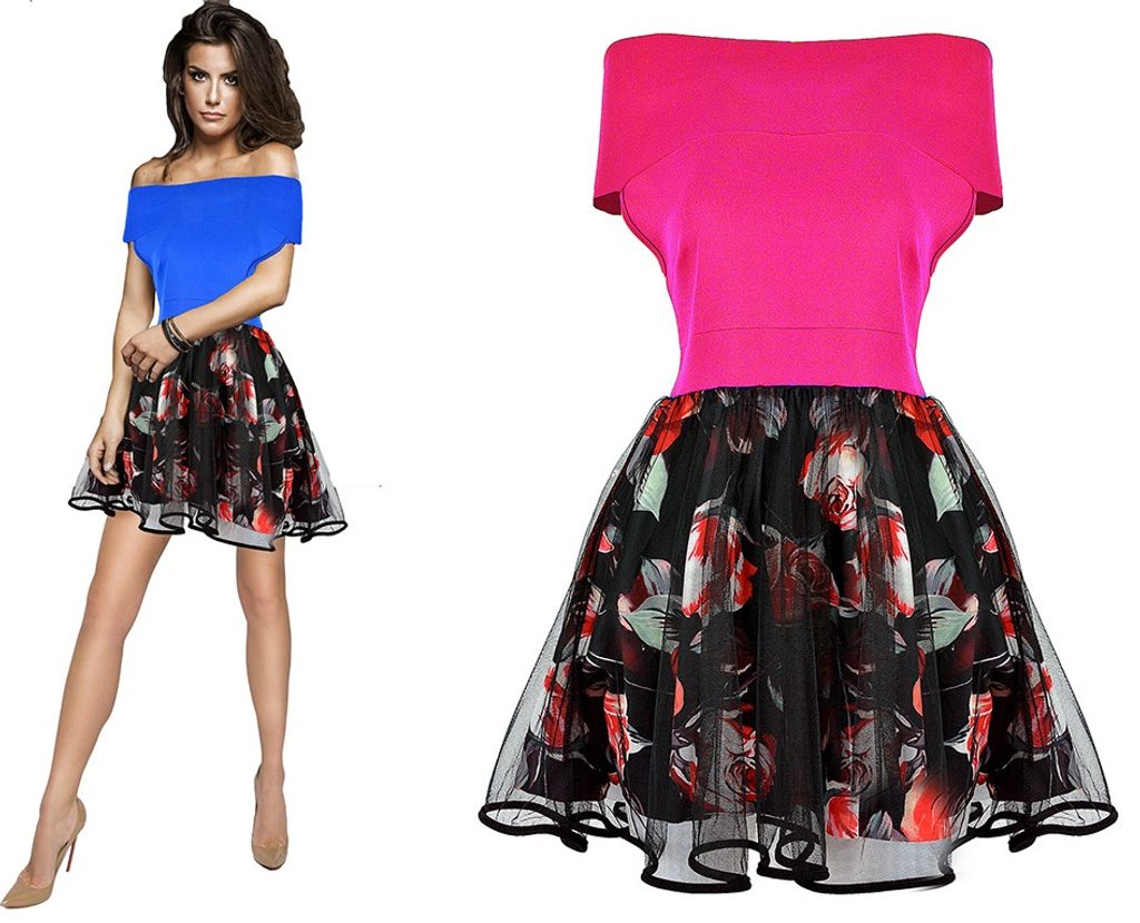 Dámské luxusní šaty s květovanou sukní - dark pink - UNI (S-L)