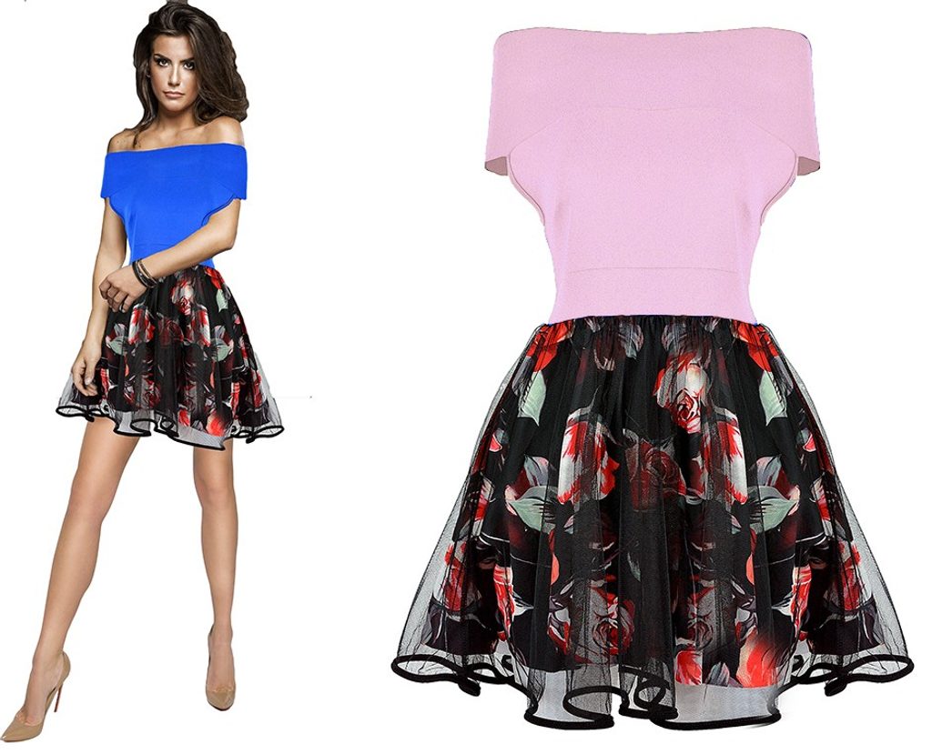 Dámské luxusní šaty s květovanou sukní - pink - UNI (S-L)