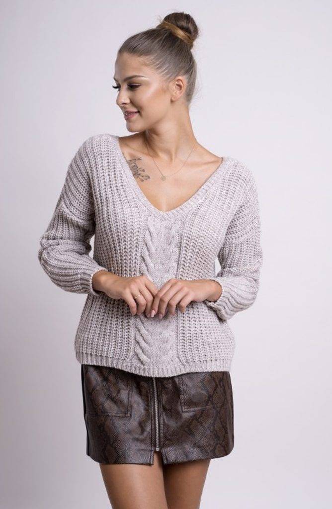 Dámský pletený svetr s copánkový vzorem - Beige - UNI (S-L)
