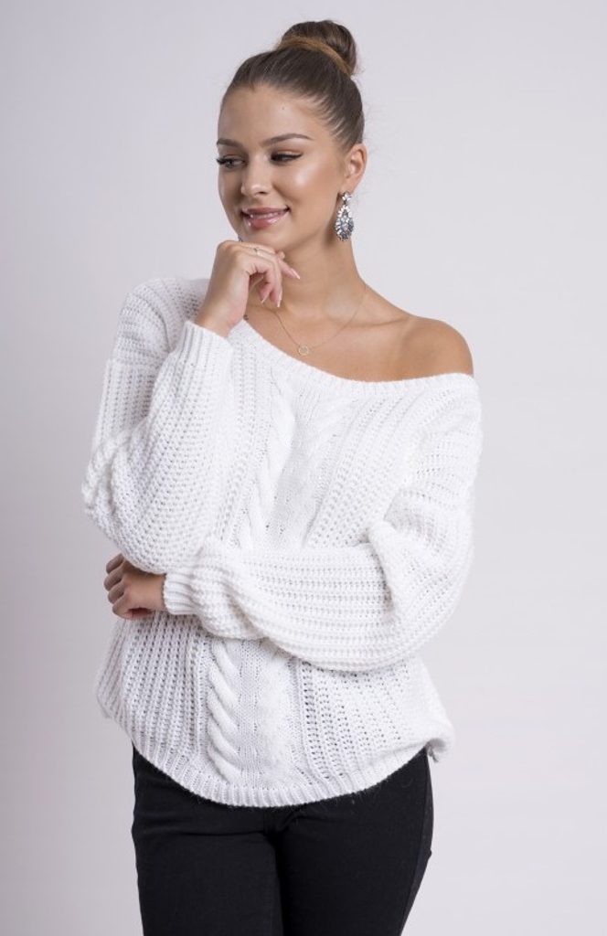 Dámský pletený svetr s copánkový vzorem - White - UNI (S-L)
