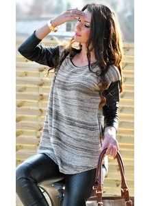 Luxusní dámský svetr s rukávy z eko kůže - Mocca