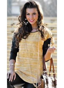 Luxusní dámský svetr s rukávy z eko kůže - Yellow