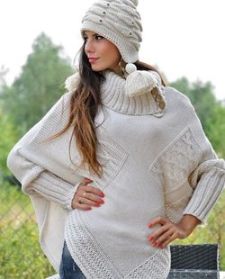 Dámské pletené pončo s rukávy - beige