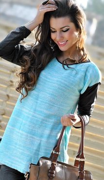 Luxusní dámský svetr s rukávy z eko kůže - Mint