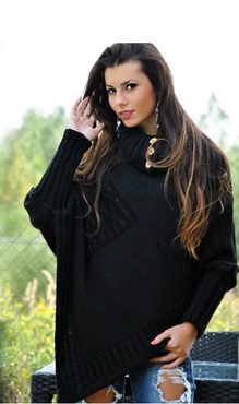 Dámské pletené pončo s rukávy - black