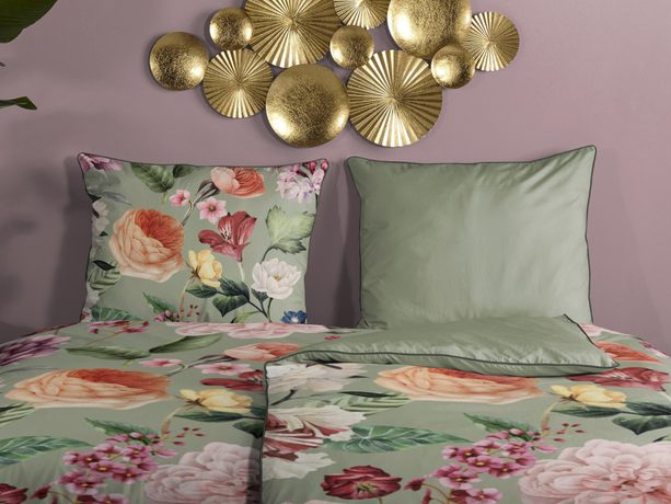 Povlečení Descanso Organic bavlněný satén FIORI Green 140x200/70x90 cm