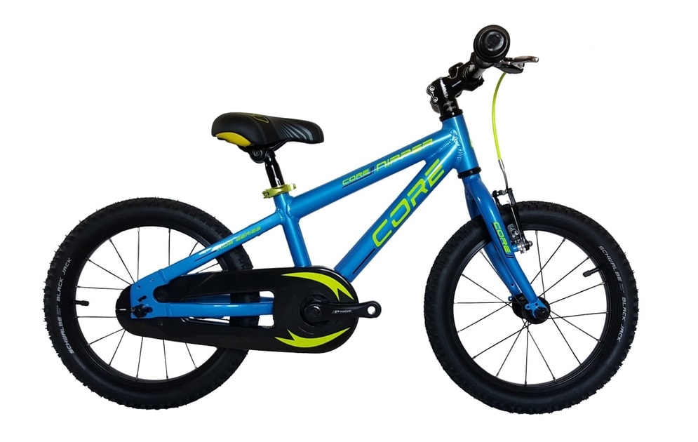Dětské kolo Core Nipper 16 modrá + žluté nápisy Schwalbe Black Jack