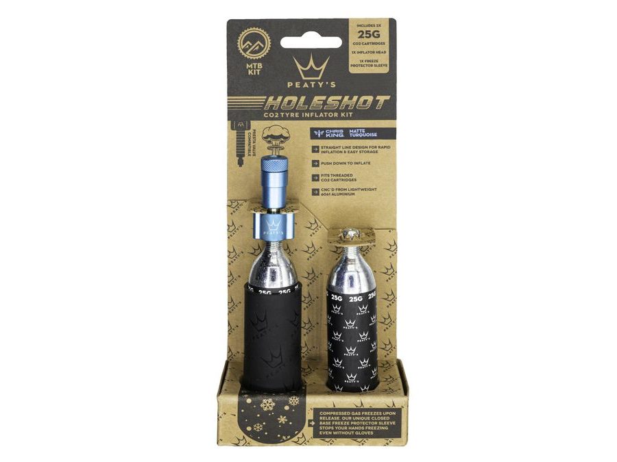 Kit C02 bombičky a hustilka PEATY'S HOLESHOT CO2 PUMPA + BOMBIČKY 2 KS - MTB (25G) - TURQUOISE