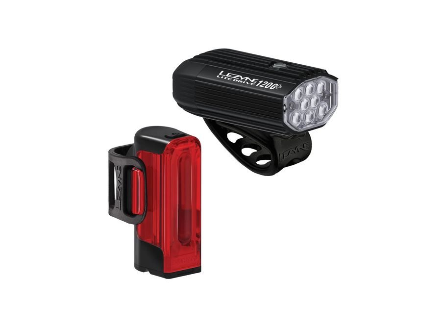 Sada světel LEZYNE LIGHT PAIR LITE DRIVE 1200+ / STRIP DRIVE PRO 400+ PAIR SATIN BLACK / BLACK