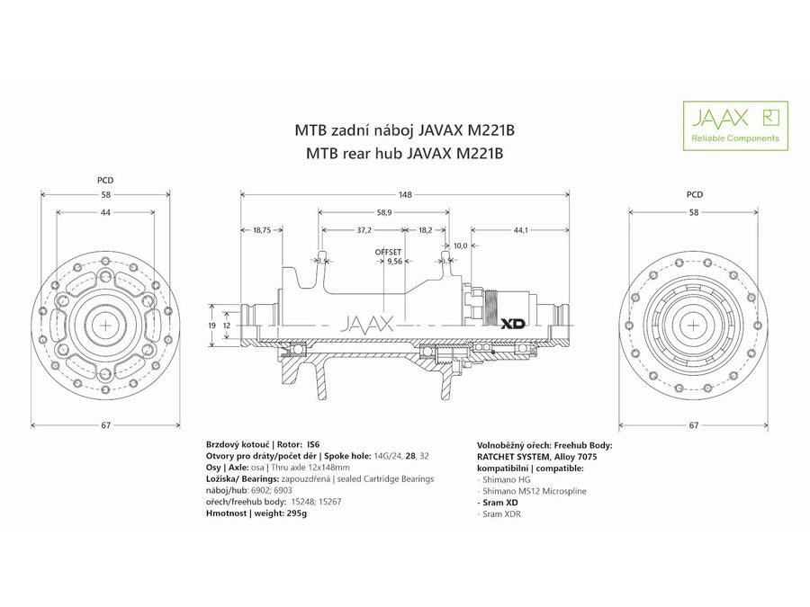 Zadní Boost náboj JAVAX M221B, Disc 6-děr, 28 děr, SRAM XD Ratchet, J-Bend, černý mat, s logem