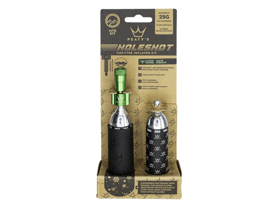 Kit CO2 bombičky a hustilka PEATY'S HOLESHOT CO2 PUMPA + BOMBIČKY 2 KS - MTB (25G) - EMERALD