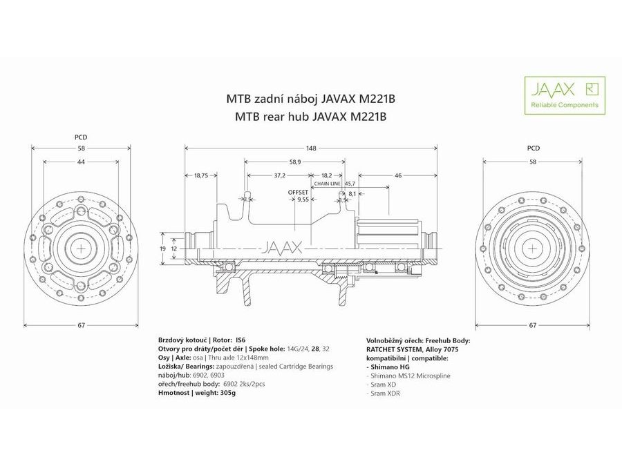Zadní Boost náboj JAVAX M221B, Disc 6-děr, 32 děr, Shimano 11s Ratchet, J-Bend, černý mat, s logem