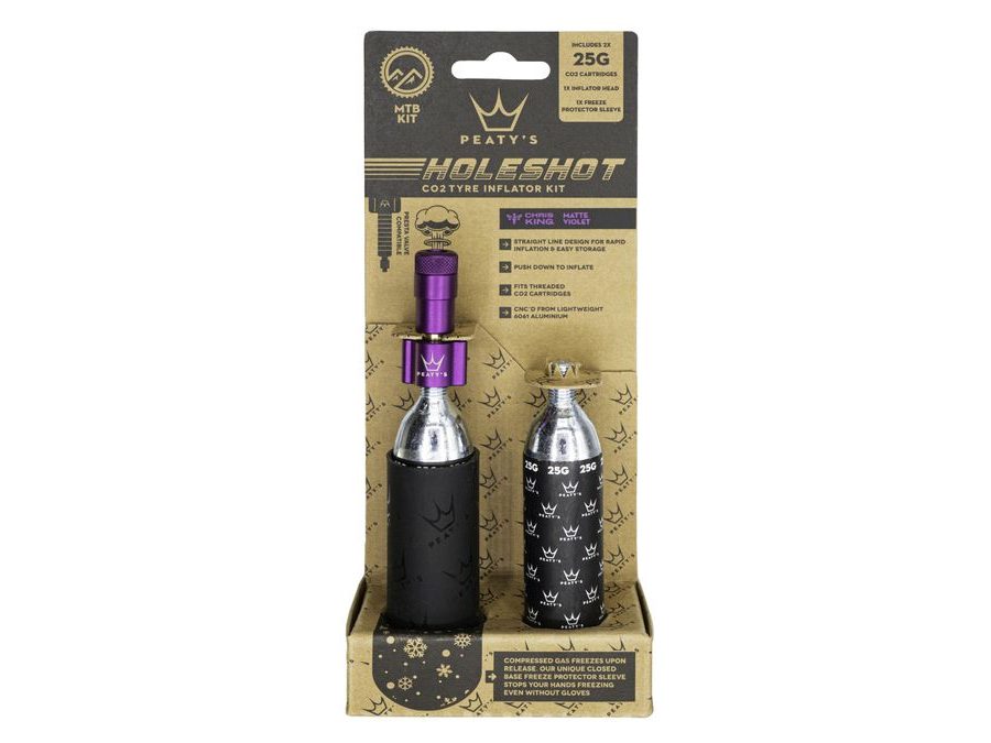 Kit CO2 bombičky a hustilka PEATY'S HOLESHOT CO2 PUMPA + BOMBIČKY 2 KS - MTB (25G) - VIOLET