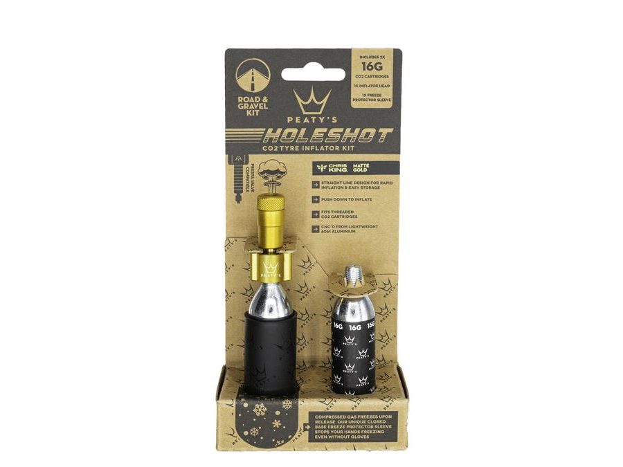 Kit CO2 bombičky a hustilka PEATY'S HOLESHOT CO2 PUMPA + BOMBIČKY 2 KS - ROAD & GRAVEL (16G) - GOLD