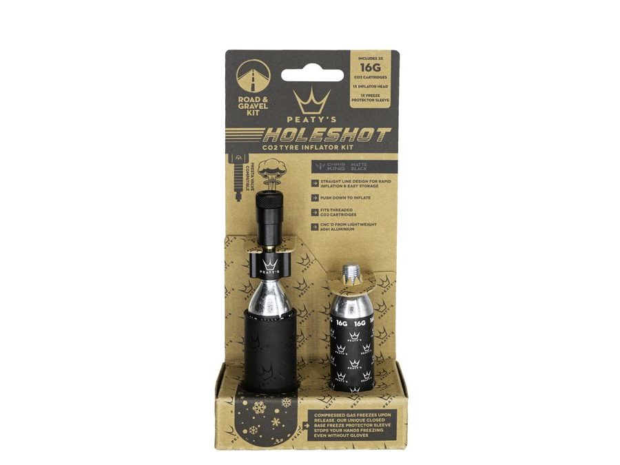 Kit CO2 bombičky a hustilka PEATY'S HOLESHOT CO2 PUMPA + BOMBIČKY 2 KS - ROAD & GRAVEL (16G) - BLACK