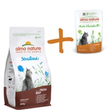Almo Nature Holistic Sterilised - pre kastrované mačky s čerstvým hovädzím 400g + kuracia kapsička ZADARMO