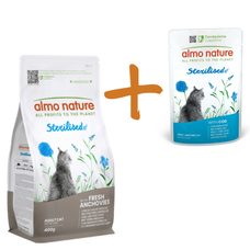 Almo Nature Sterilised - pre kastrované mačky s ančovičkami 400g + tresčia kapsička ZADARMO